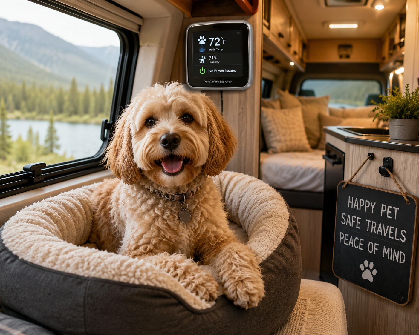 Dog resting in a camper van beside a pet safety monitor displaying temperature, humidity and power status